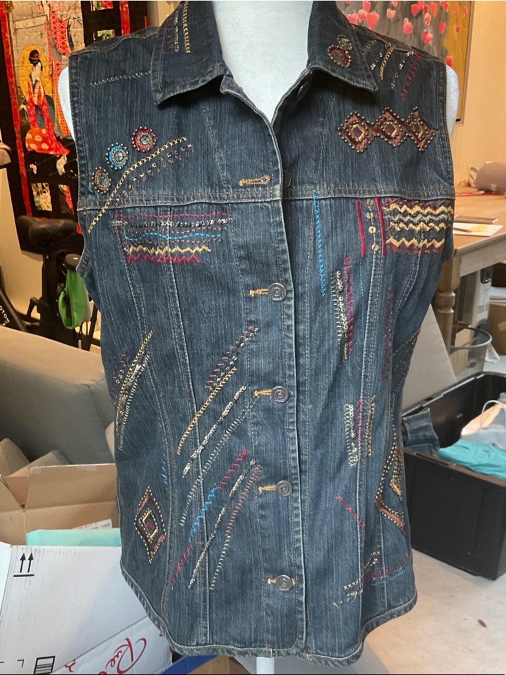Chico's Dark Denim Vest with Contrast Topstitching